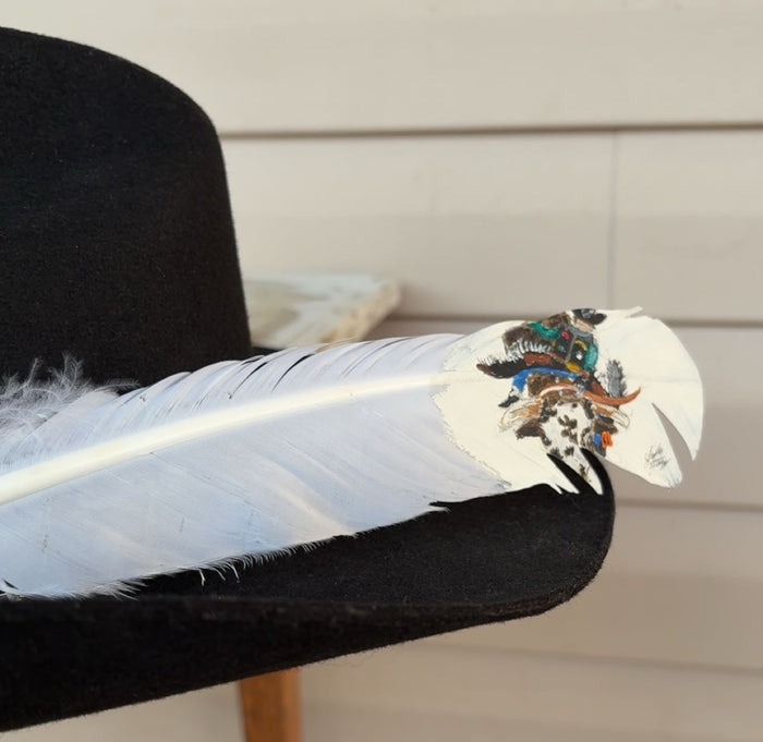 Bull Riding- Up Close View - Painted White Crow Feather