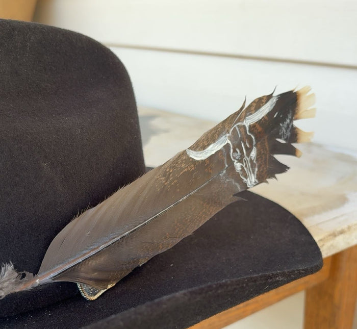 Bull Skull Painted Turkey Feather