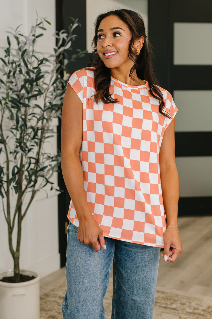Check Hers Round Neck Top in Orange Womens Ave Shops- Tilden Co.