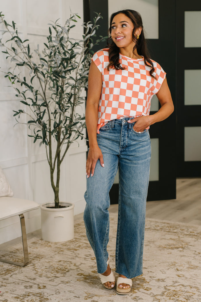 Check Hers Round Neck Top in Orange Womens Ave Shops- Tilden Co.