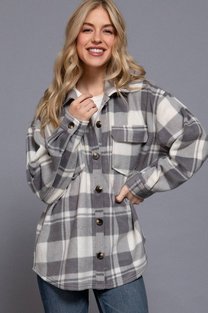 Checkered Fleece Shacket Light Grey / Small Light Grey Small Shacket Active Basic | Active USA- Tilden Co.