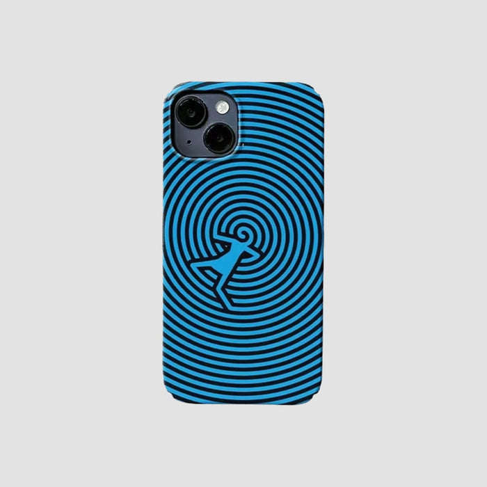Blue silicone iPhone case with black concentric circles and a dancing figure. Modern abstract art style.