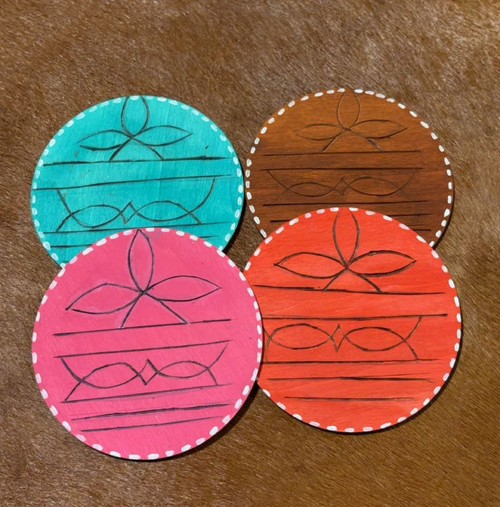 Cowboy Boot Print Custom Hand Painted/ Wood Burned Set Of Four