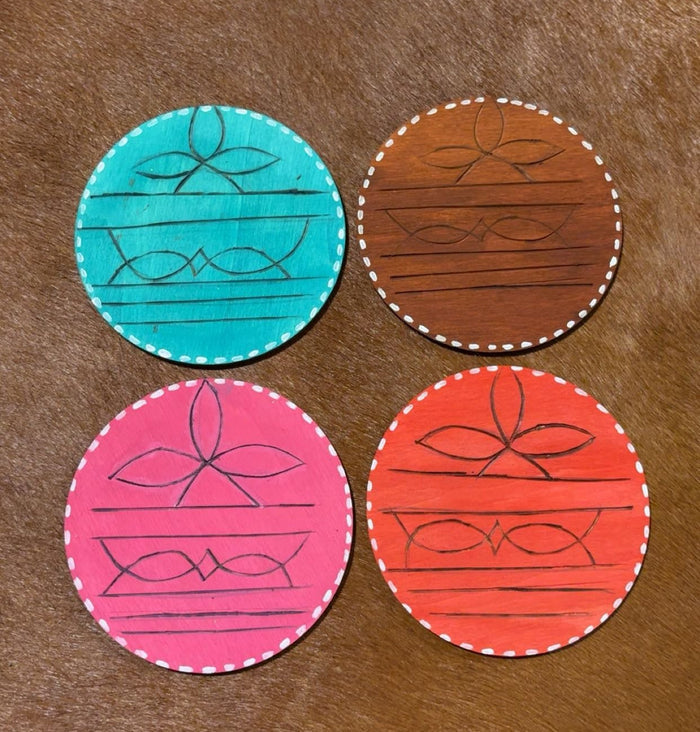 Cowboy Boot Print Custom Hand Painted/ Wood Burned Set Of Four