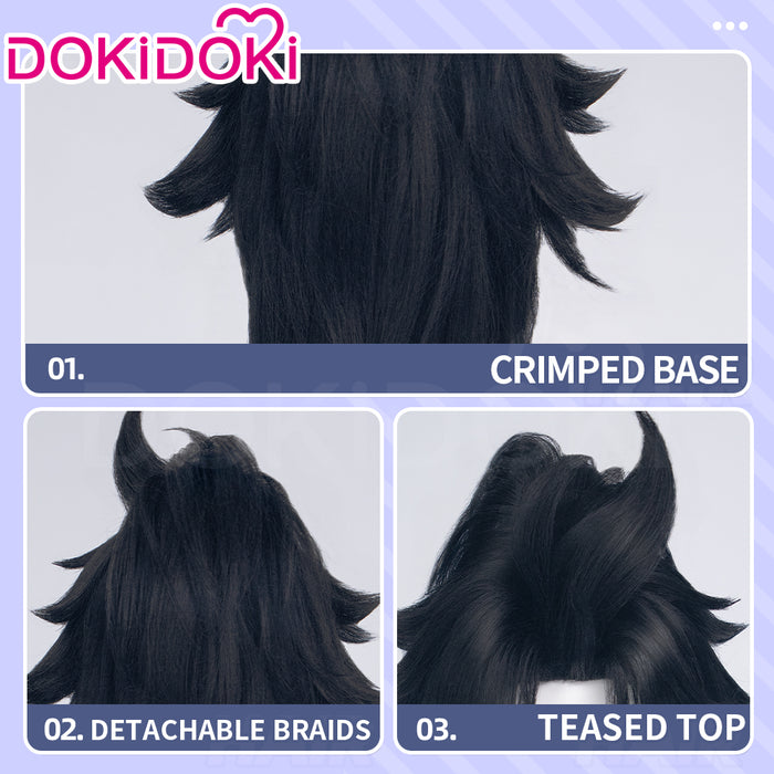 【Crimped Base】DokiDoki Game Cosplay Wig Long Straight Black Hair Detachable Braided