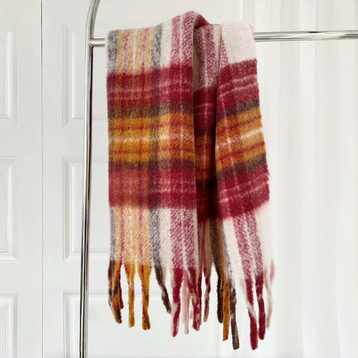 Flat lay of Crimson Meadow Plaid Scarf in burgundy and maroon and red, easy for travel packing and gifting.