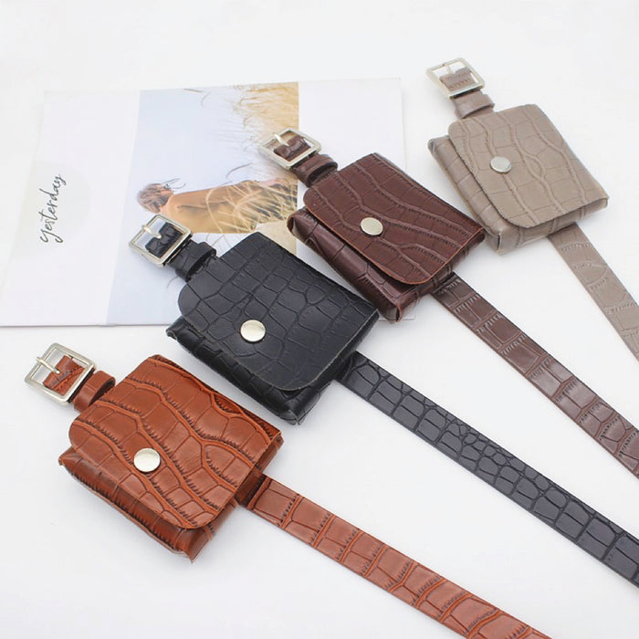 Four PU leather belts with crocodile texture and pouches in brown, black, khaki, and tan.