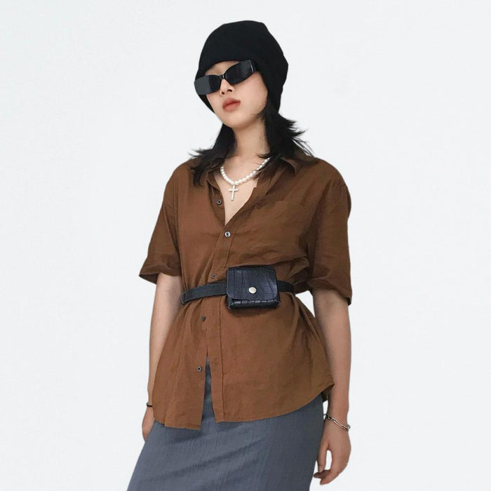 Model wearing the black Crocodile Leather Belt With Pouch, versatile matching for daily wear
