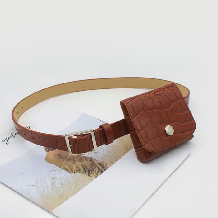 Front view of tan Crocodile Leather Belt With Pouch, versatile matching for daily wear.