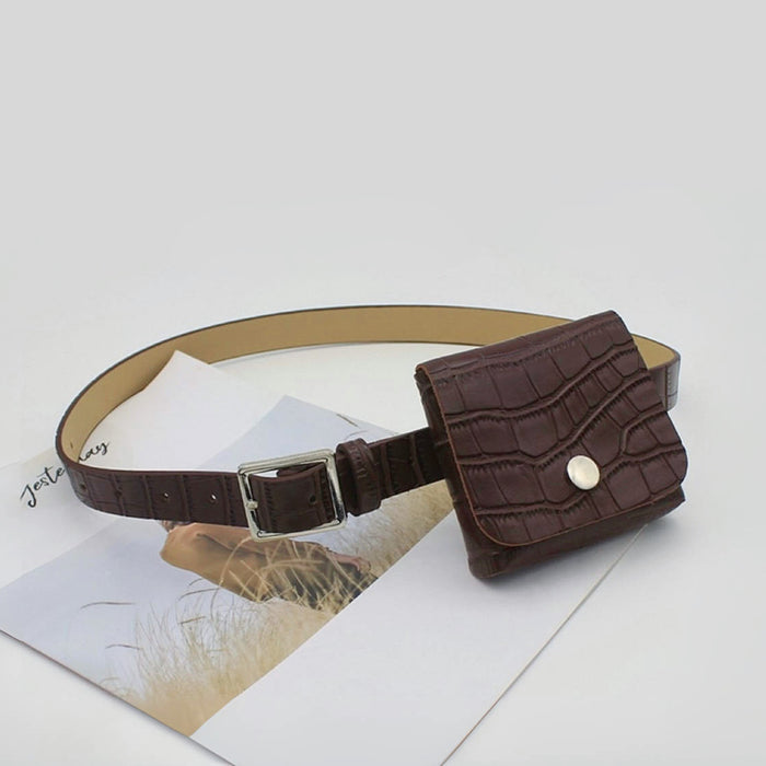Front view of brown Crocodile Leather Belt With Pouch, classic trendy for daily commuting