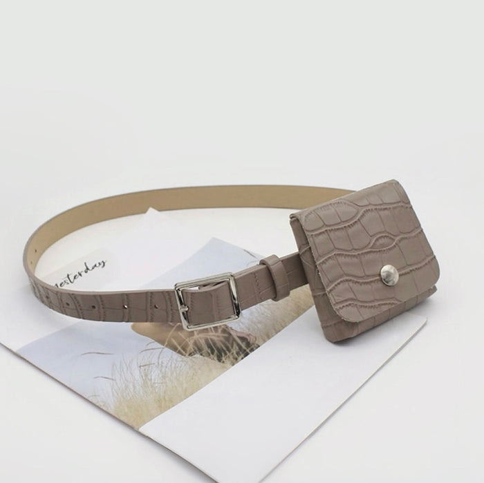 Front view of taupe Crocodile Leather Belt With Pouch, casual fashion for jeans matching