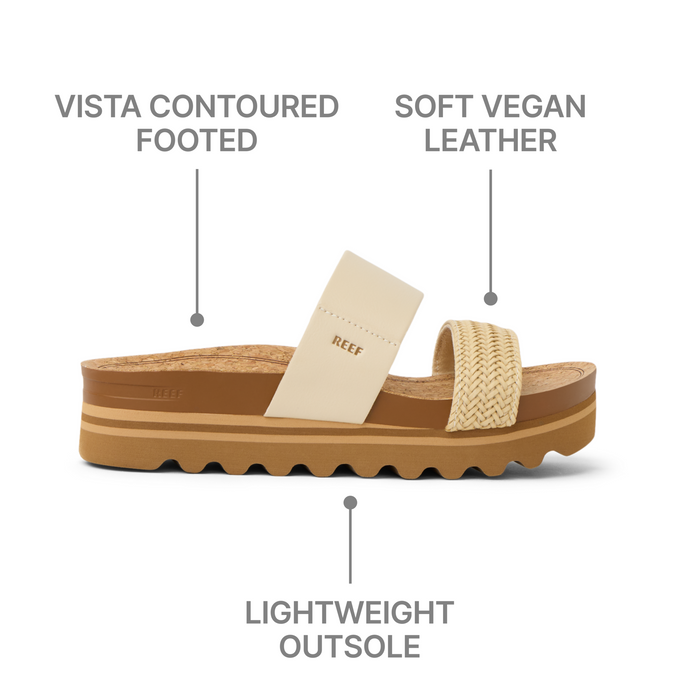 Cushion Vista Hi women's sandal facing right, showing lightweight outsole, contoured footbed, and soft vegan leather straps.