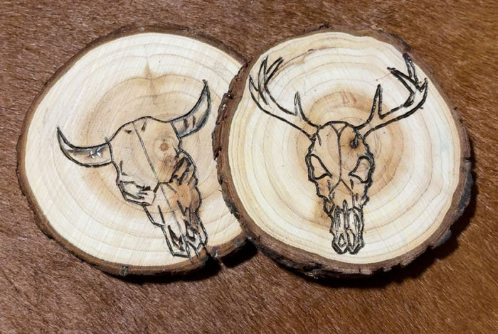 Custom Deer Skull & Buffalo Skull Wood Burned Coasters - 2 piece set-