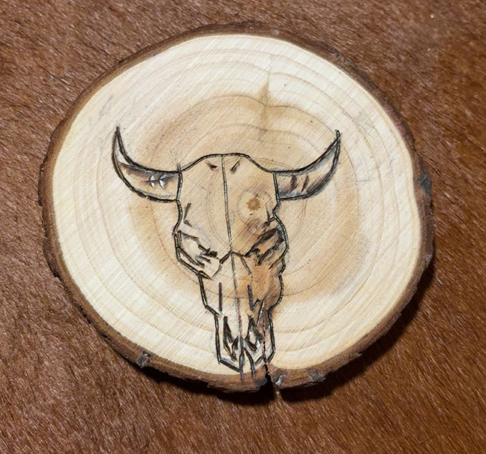 Custom Deer Skull & Buffalo Skull Wood Burned Coasters - 2 piece set-