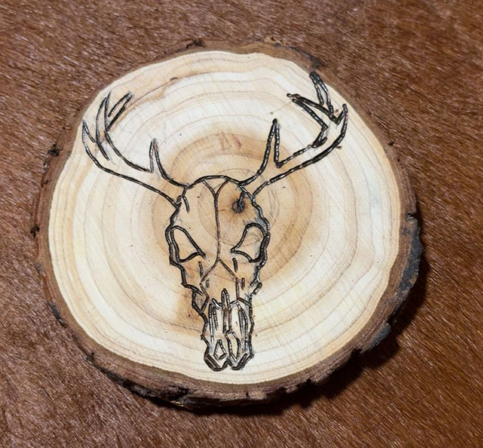 Custom Deer Skull & Buffalo Skull Wood Burned Coasters - 2 piece set-