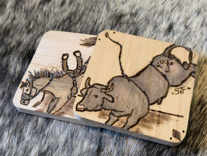 Custom Handmade Wood Burned - Saddle Bronc & Bucking Bull Coaster Set Of 2