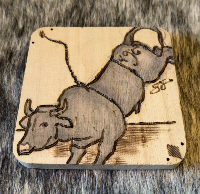 Custom Handmade Wood Burned - Saddle Bronc & Bucking Bull Coaster Set Of 2