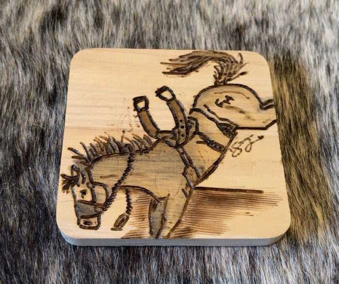 Custom Handmade Wood Burned - Saddle Bronc & Bucking Bull Coaster Set Of 2