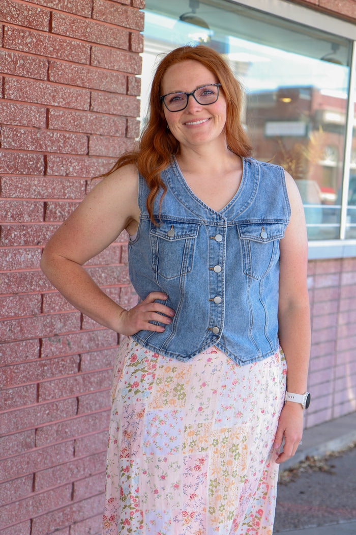 Denim Vest in Medium Wash Vest Mikarose- Tilden Co.