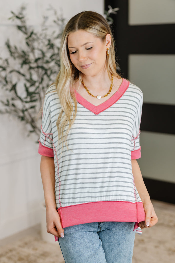 Dressed to Chill V-Neck Top in Heather/Grey/Ivory/Pink T-Shirt Ave Shops- Tilden Co.