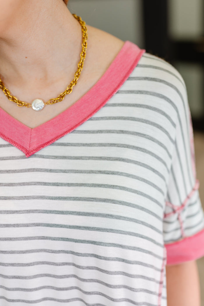 Dressed to Chill V-Neck Top in Heather/Grey/Ivory/Pink T-Shirt Ave Shops- Tilden Co.