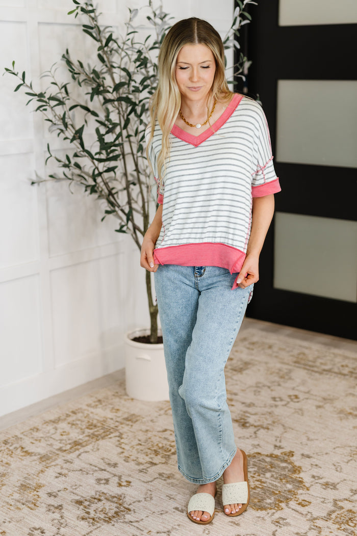 Dressed to Chill V-Neck Top in Heather/Grey/Ivory/Pink T-Shirt Ave Shops- Tilden Co.