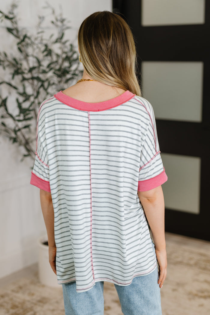 Dressed to Chill V-Neck Top in Heather/Grey/Ivory/Pink T-Shirt Ave Shops- Tilden Co.