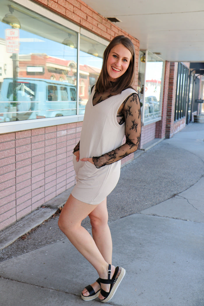 Ecru Textured Overall Romper Jumpsuit Sewn and Seen- Tilden Co.