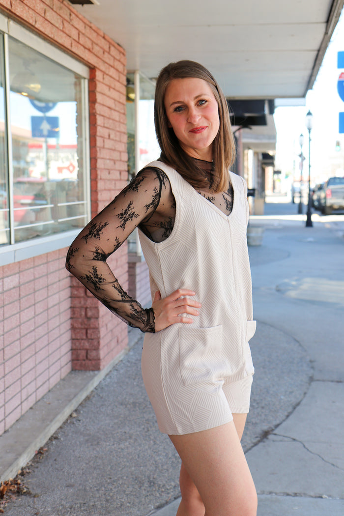 Ecru Textured Overall Romper Jumpsuit Sewn and Seen- Tilden Co.