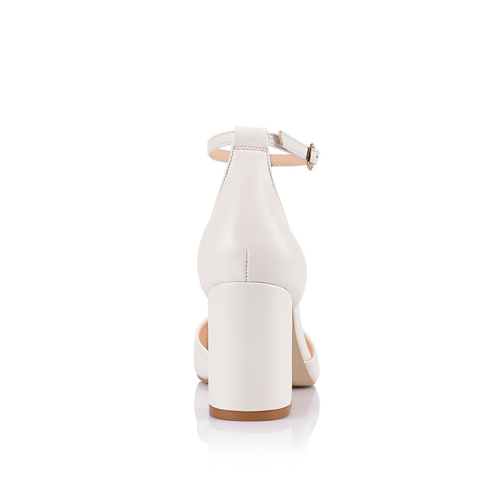 Women's white vegan block heel with pointed toe and ankle strap