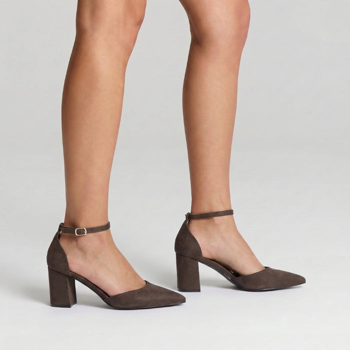 Eli Closed Toe Block Heels - Chocolate Brown Micro