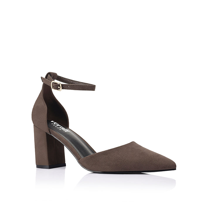 Women's chocolate brown vegan microsuede court block heel with ankle buckle fastening