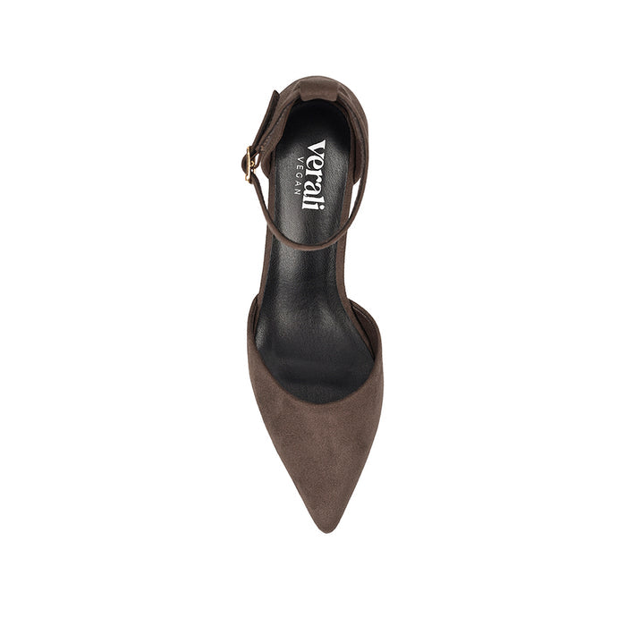 Women's chocolate brown vegan microsuede court block heel with ankle buckle fastening