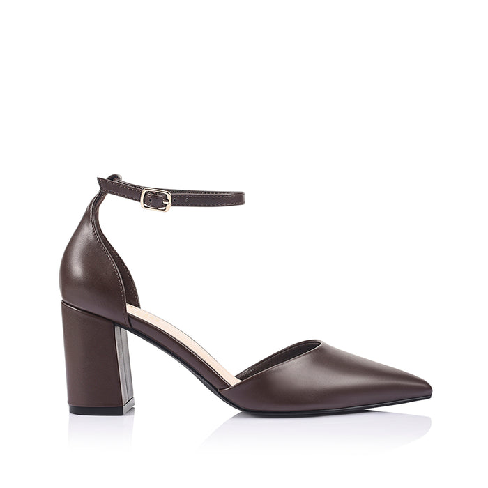 Women's chocolate brown vegan smooth leather court block heel with ankle buckle fastening