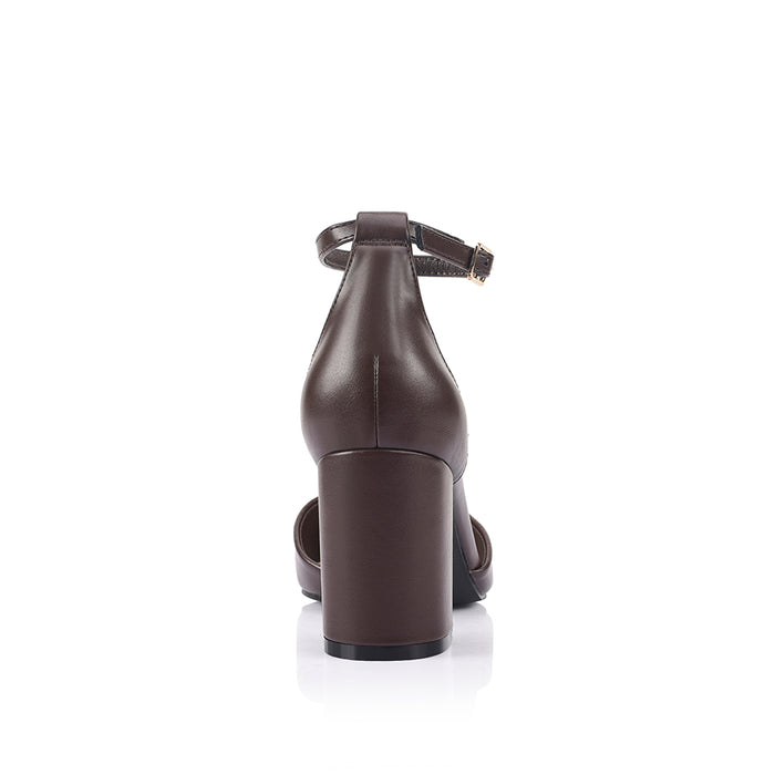 Women's chocolate brown vegan smooth leather court block heel with ankle buckle fastening