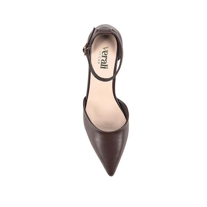 Women's chocolate brown vegan smooth leather court block heel with ankle buckle fastening