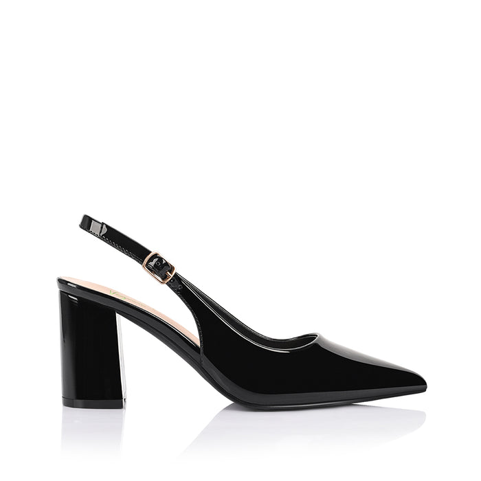 Women's vegan patent block heel slingback with pointed toe, block heel and buckle fastening