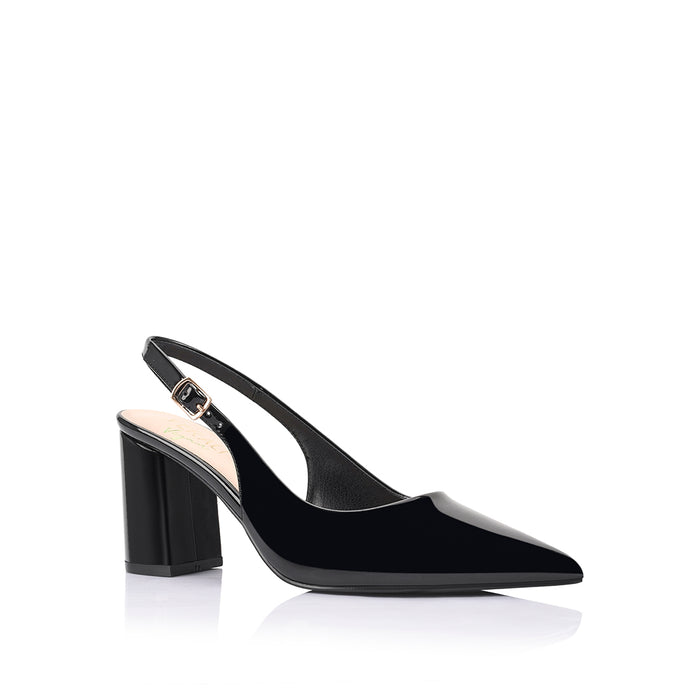 Women's vegan patent block heel slingback with pointed toe, block heel and buckle fastening