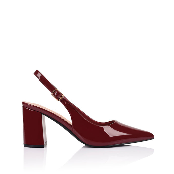 Wine patent high-heeled shoe with a pointed toe shape and buckle closure