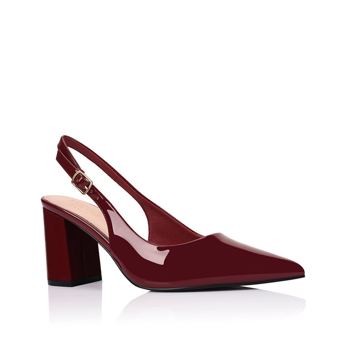 Wine patent high-heeled shoe with a pointed toe shape and buckle closure