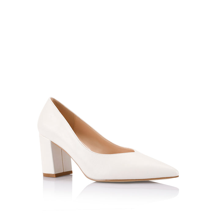 Women's white vegan block heel with pointed toe