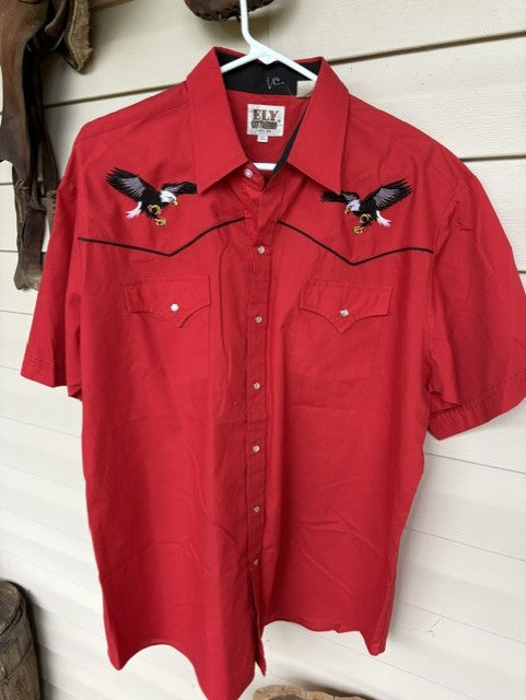 Ely Cattlemen Red Eagle Stitched Short Sleeve Pearl Snap
