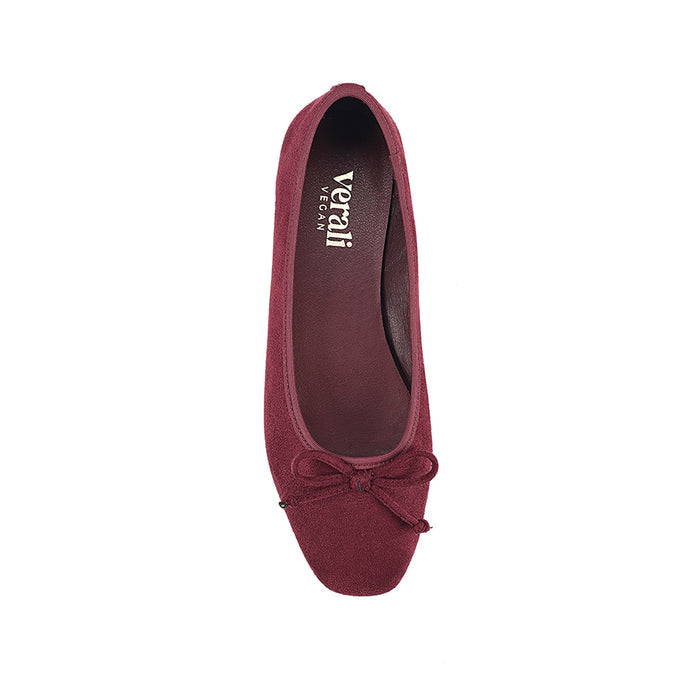 Burgundy microsuede ballet flats with a black heel and small bow