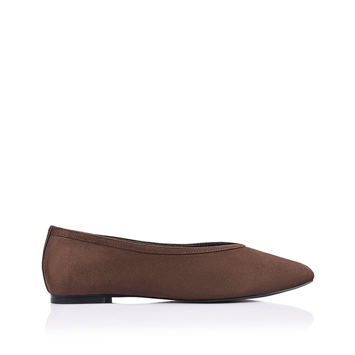 Microfibre brown flat with square toe shape and v high vamp