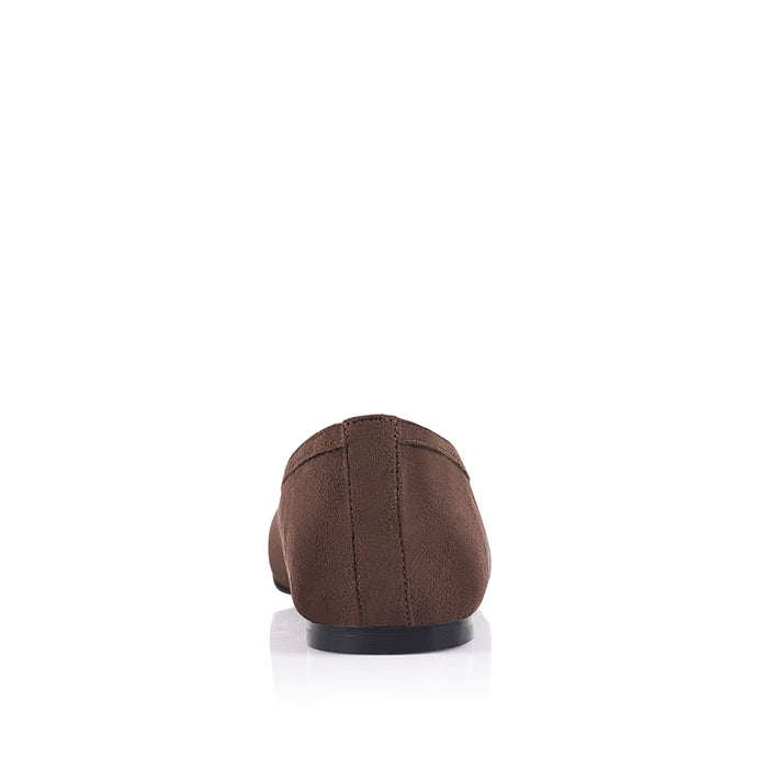 Microfibre brown flat with square toe shape and v high vamp