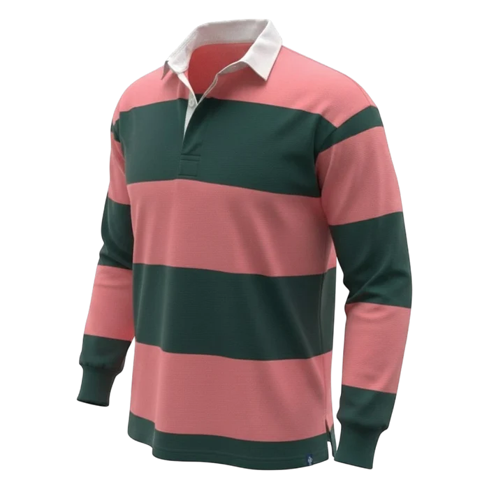 WithernotEverglade rugby shirt with coral pink and dark green horizontal stripes, white collar, and long sleeves.