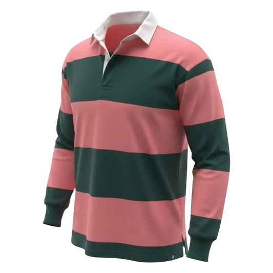 WithernotEverglade rugby shirt with coral pink and dark green horizontal stripes, white collar, and long sleeves.