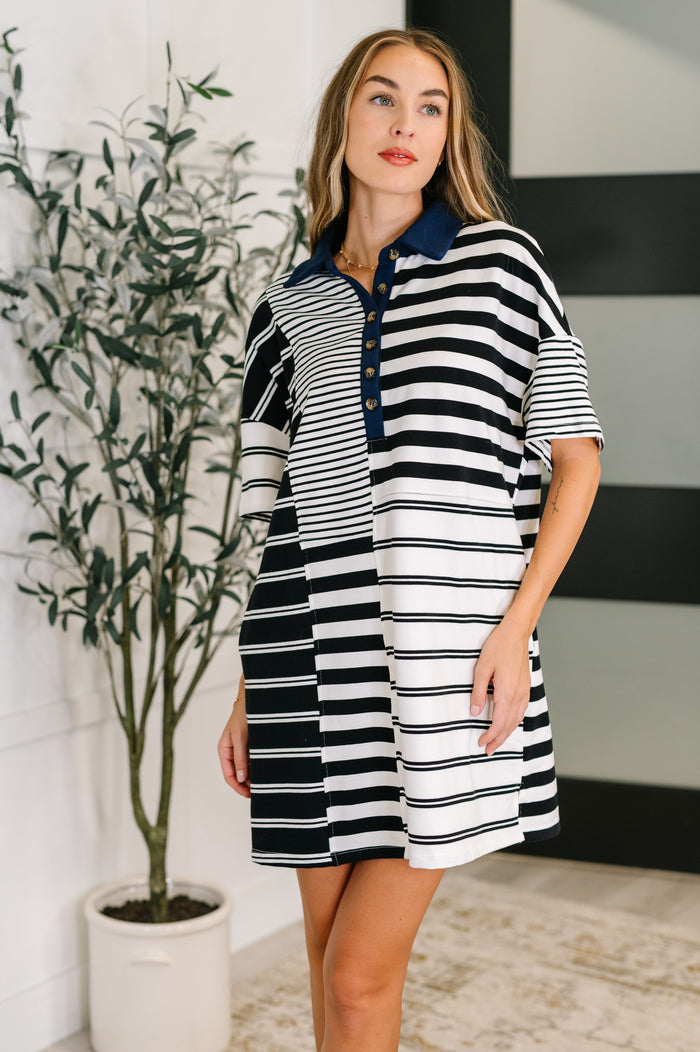 Everlasting Love Striped Collared Dress in Black and Navy Knee Length Dress Ave Shops- Tilden Co.