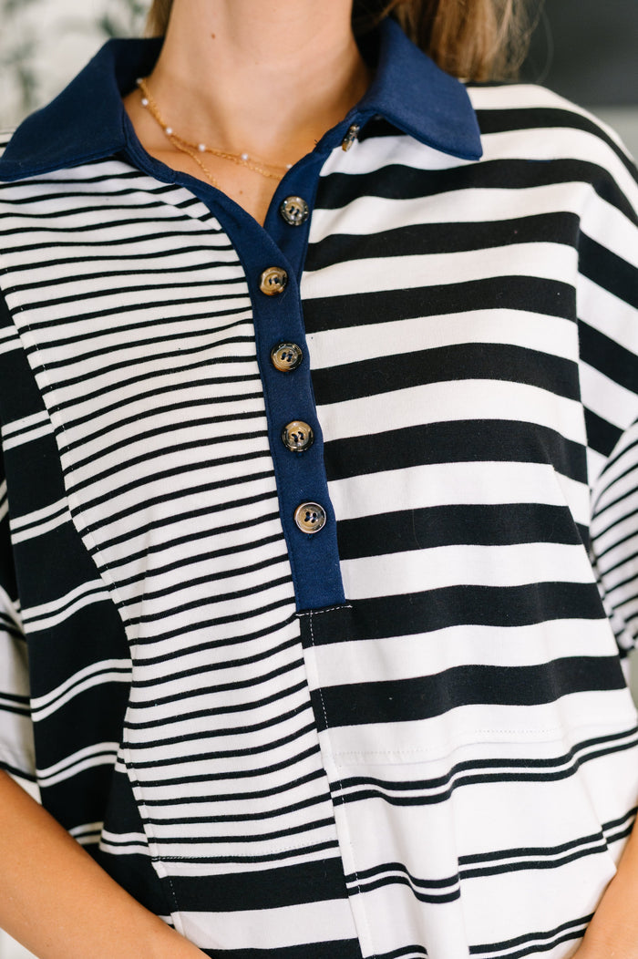 Everlasting Love Striped Collared Dress in Black and Navy Knee Length Dress Ave Shops- Tilden Co.