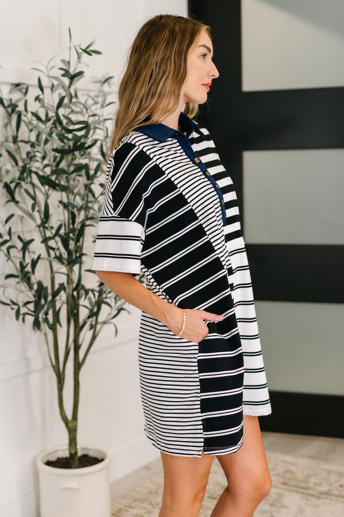 Everlasting Love Striped Collared Dress in Black and Navy Knee Length Dress Ave Shops- Tilden Co.